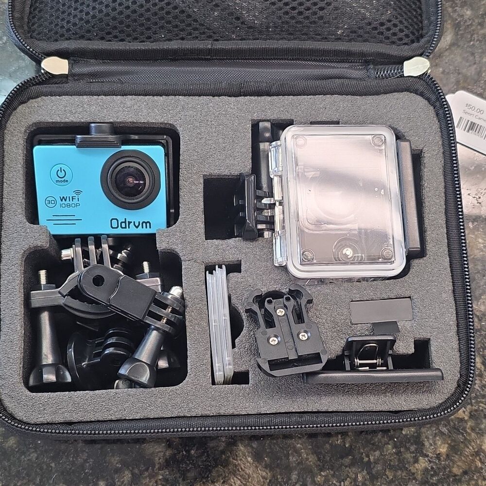 ODRVM 1080P WiFi Action Camera Bundle w/ Waterproof Case, Mounts & Carrying Case